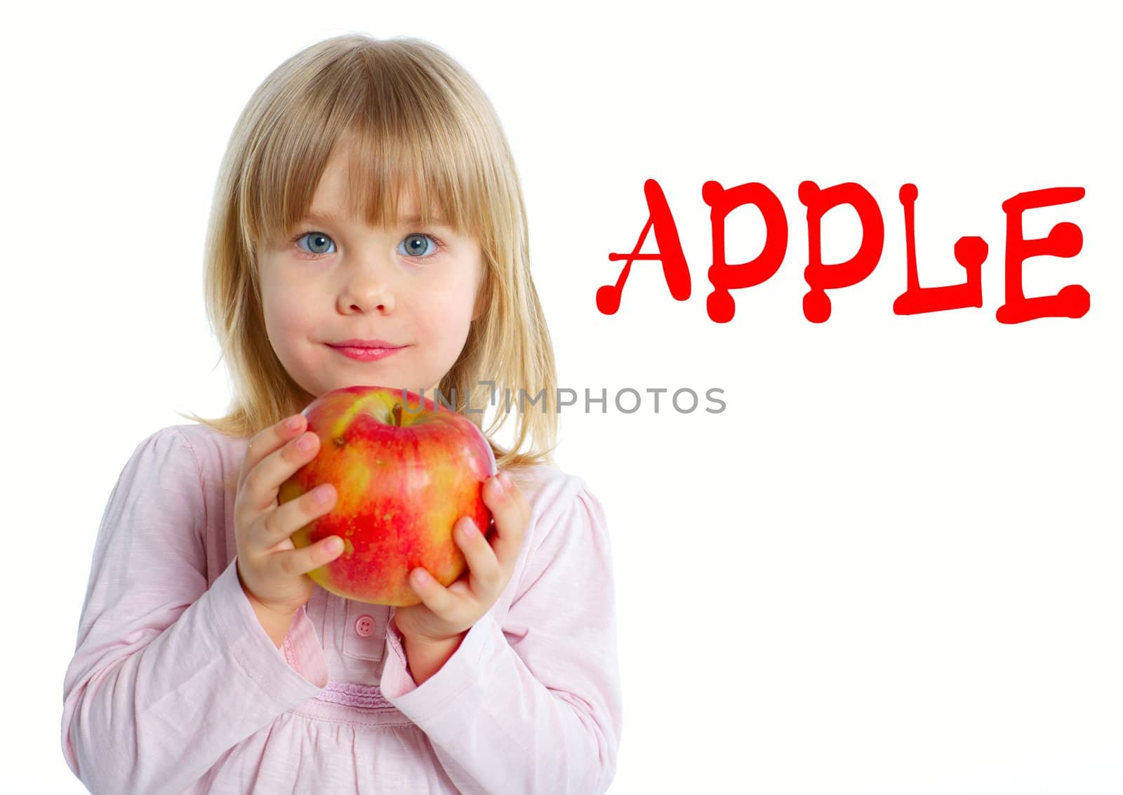 Little beauty girl holding big red apple. Isolated white background