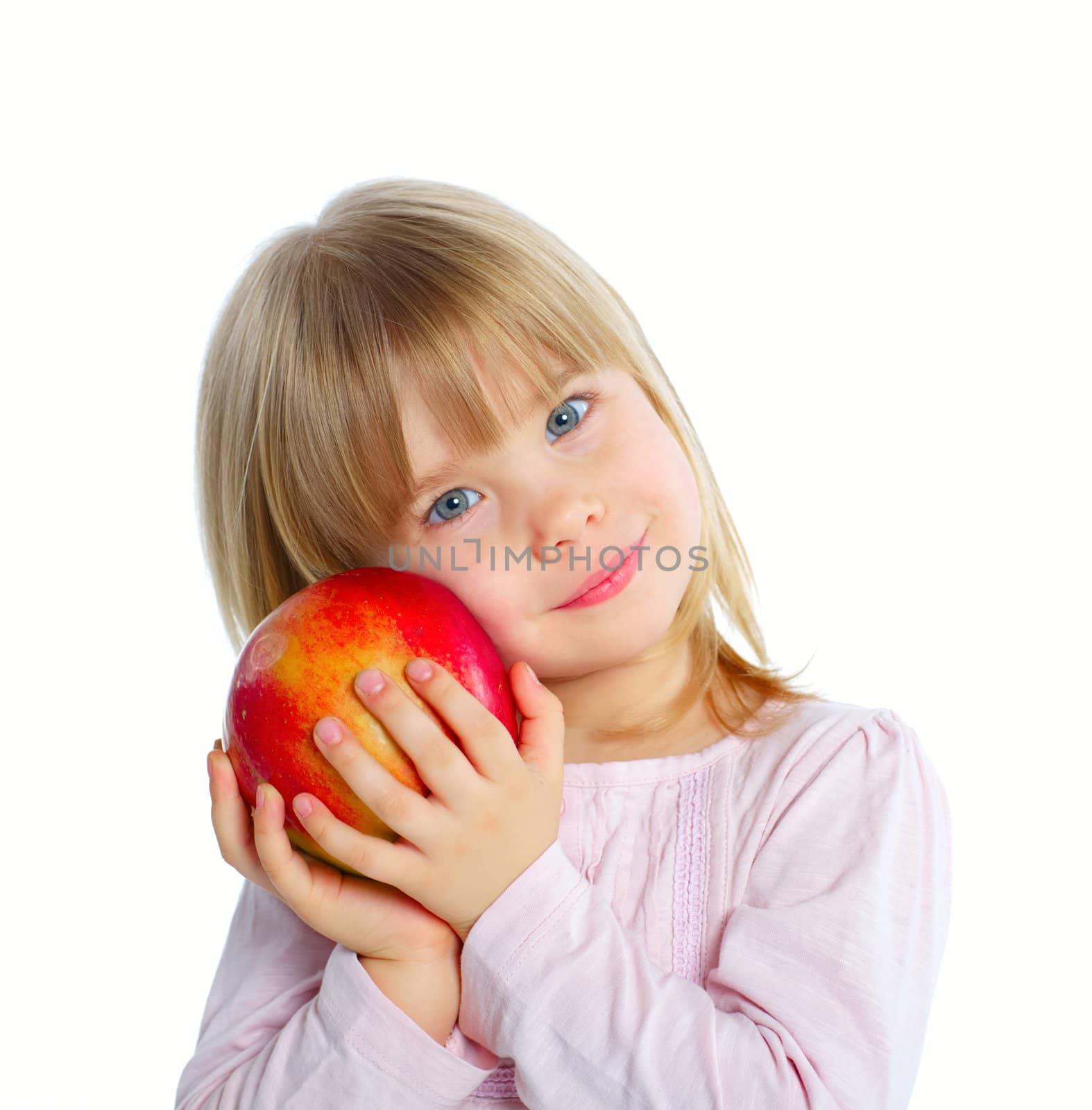 Little beauty girl holding big red apple. Isolated white background