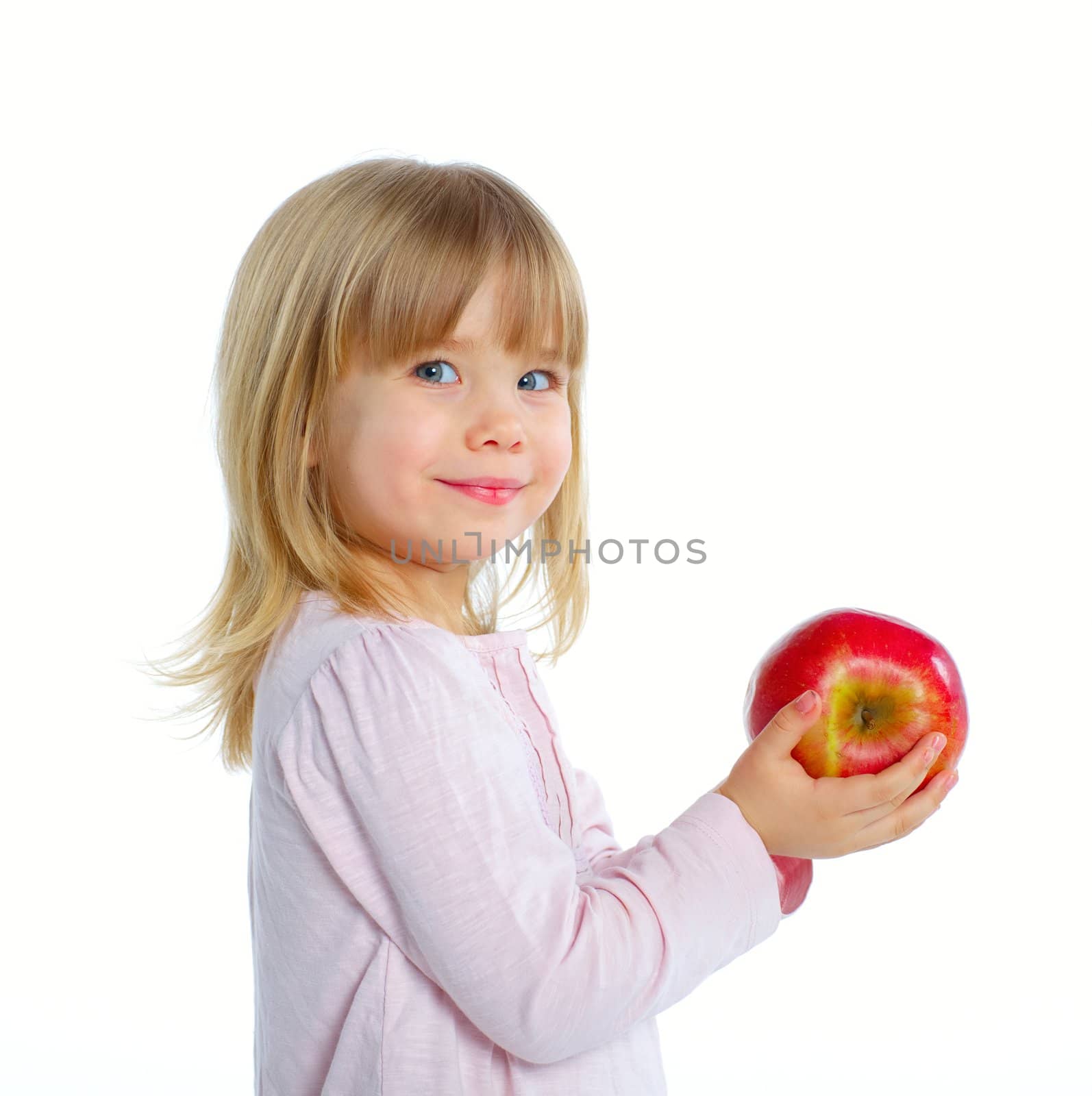 Little beauty girl holding big red apple. Isolated white background