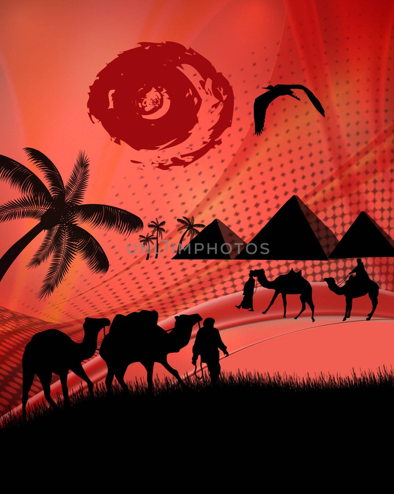 Bedouin camel caravan in abstract landscape, vector illustration