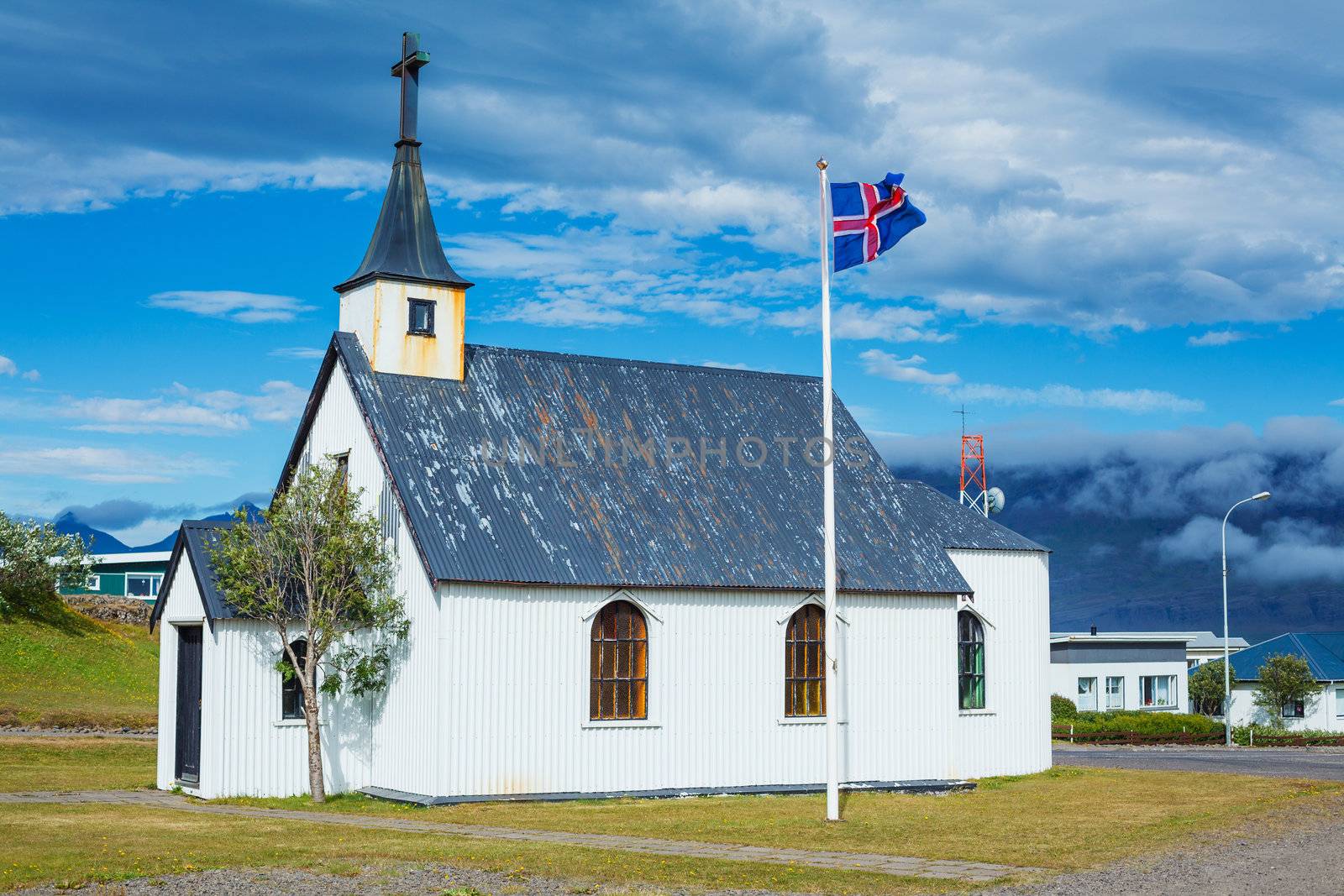 Remote Icelandic Lutheran church on the coast. Typical small simple structure of Icelandic churches