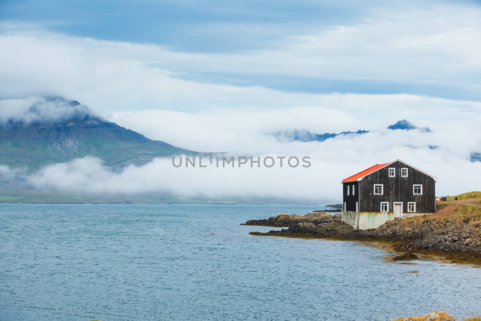 Rural beautiful summer landscape - fjord, house, mountains. Iceland.