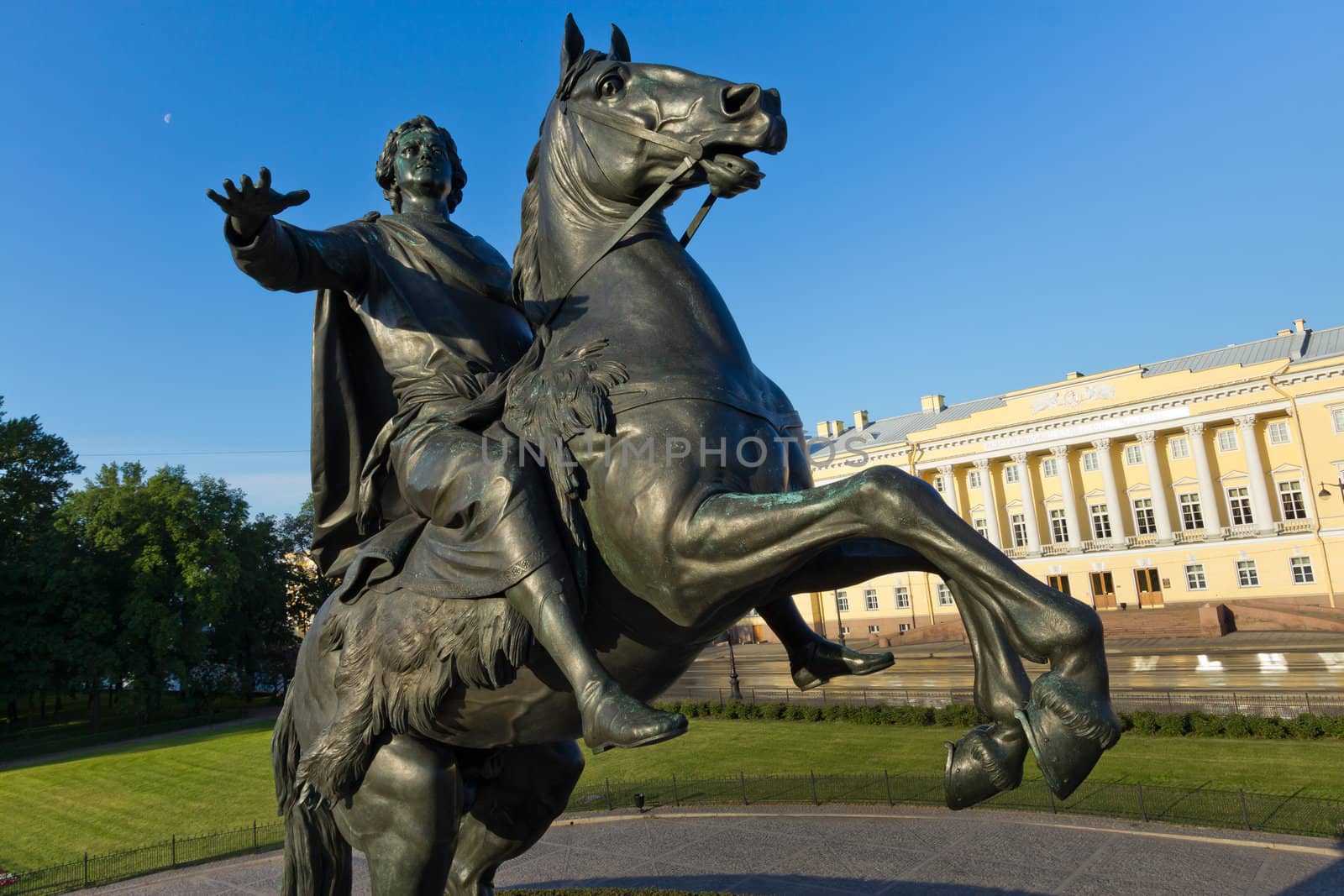 Symbol of St. Petersburg - a monument to the founder of the capital of the Russian Empire, Emperor Peter the Great - The Bronze Horseman. The photo was taken in the early morning with a rare point shooting - with special rigs