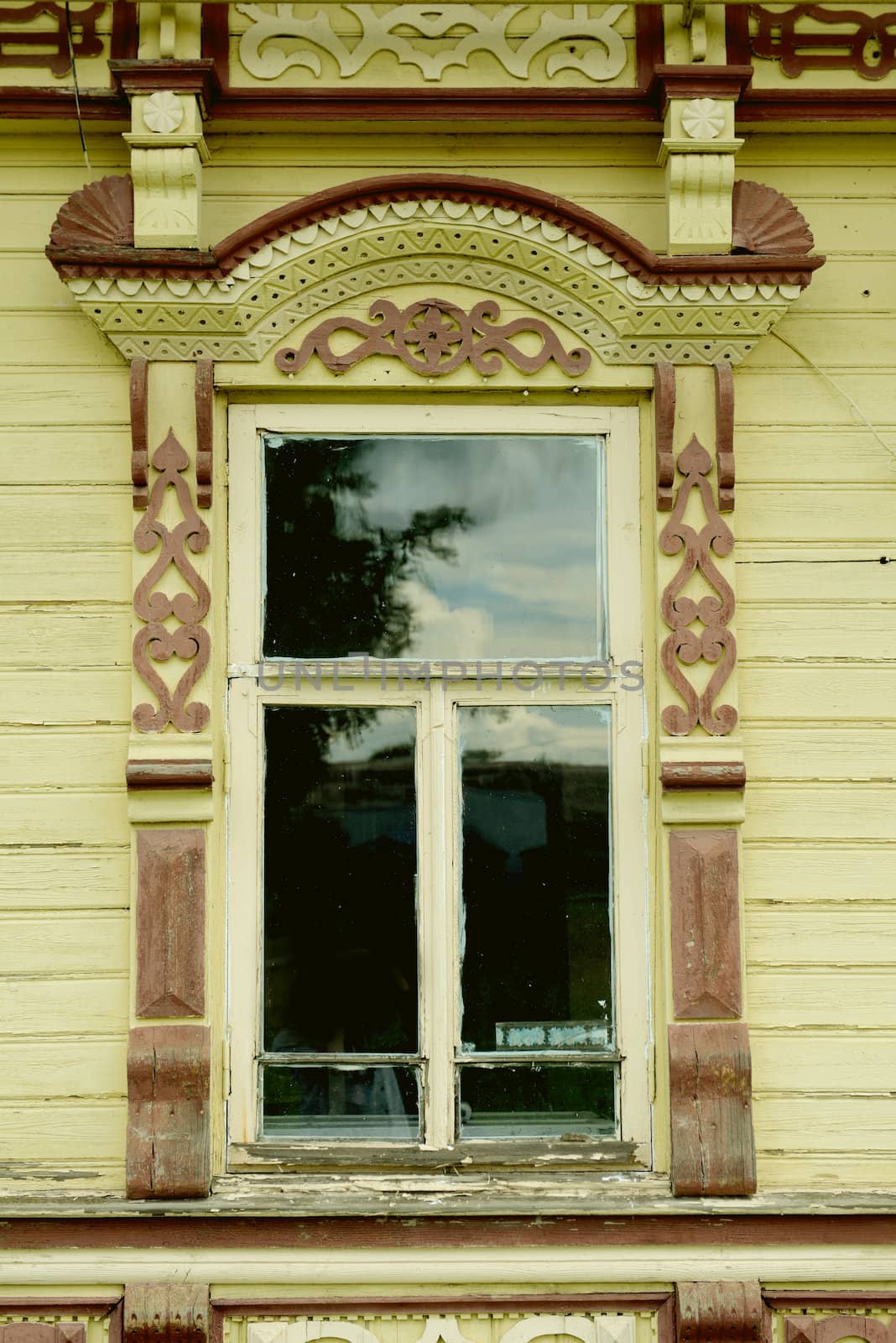 Traditional russian rural house  window platband. Taken on July 2012 Russia