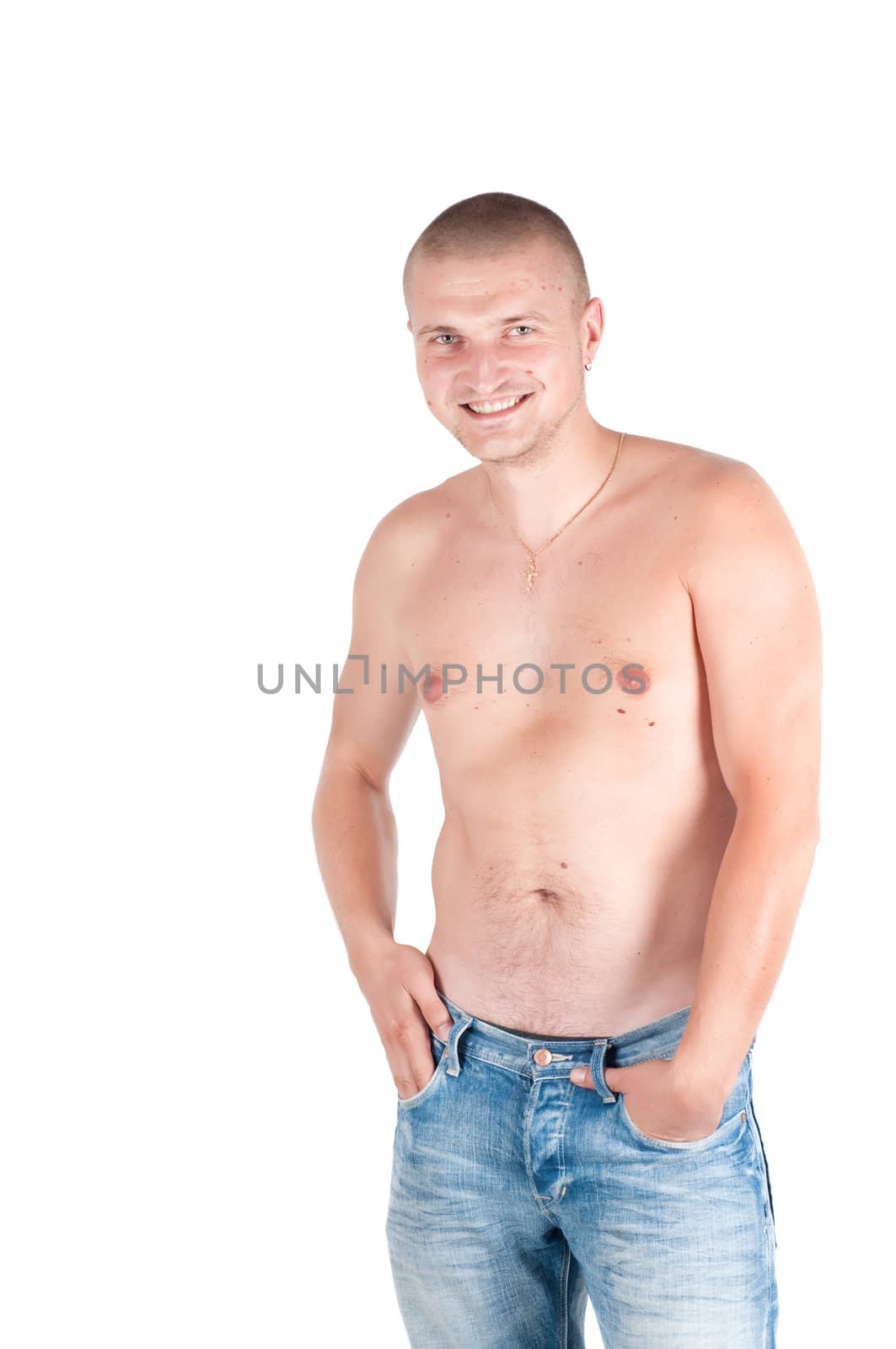 Smiling man with naked torso isolated on white