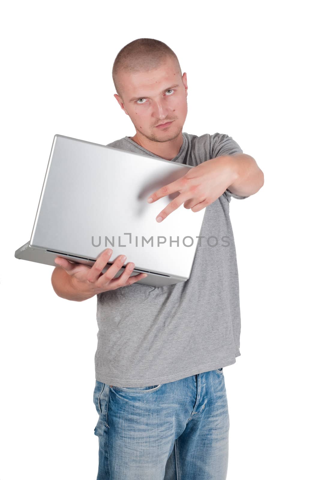 Studio shot o man with notebook isolated on white