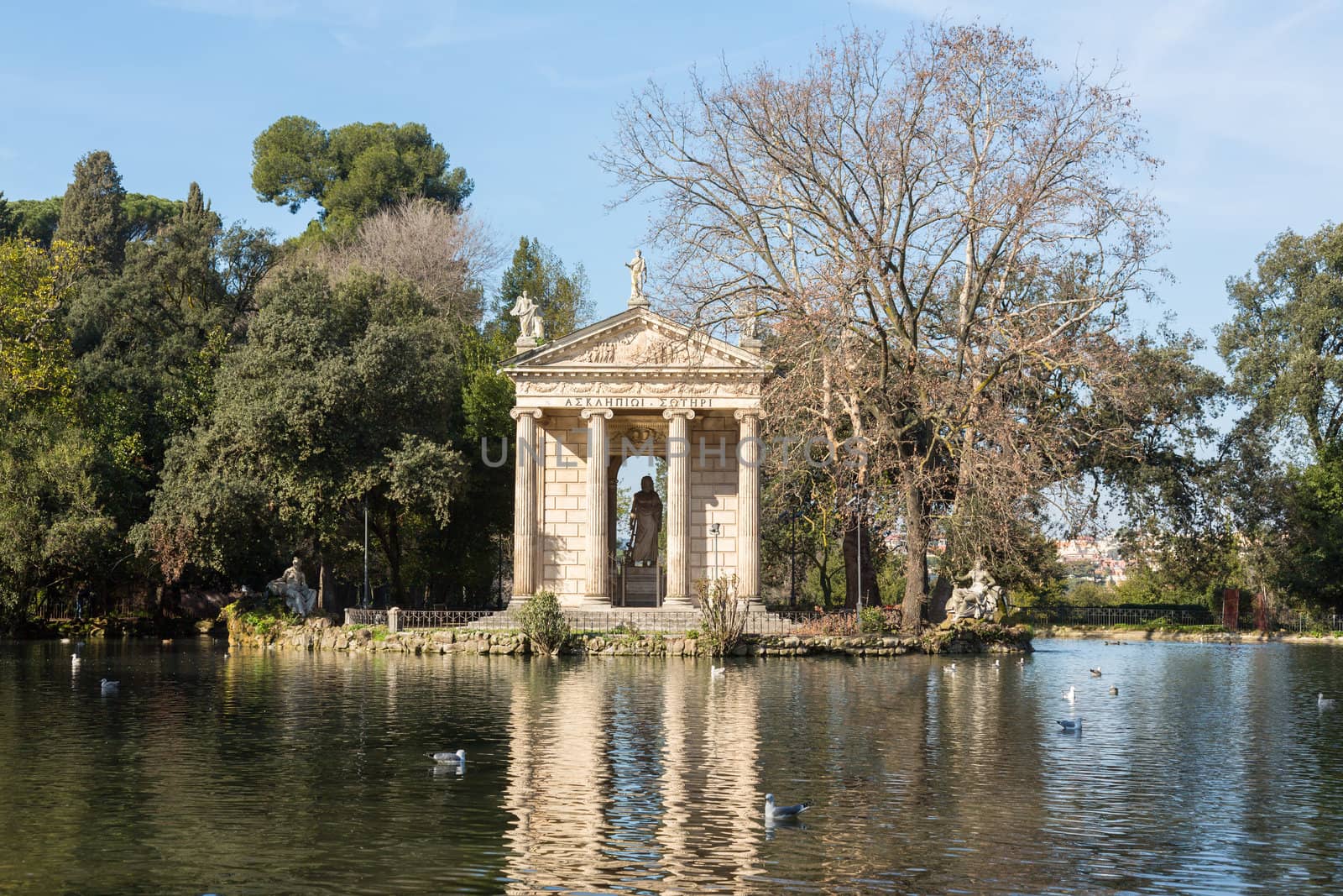 Leisure lake at Giardino del Lago at Villa Borghese in Rome Italy in winter
