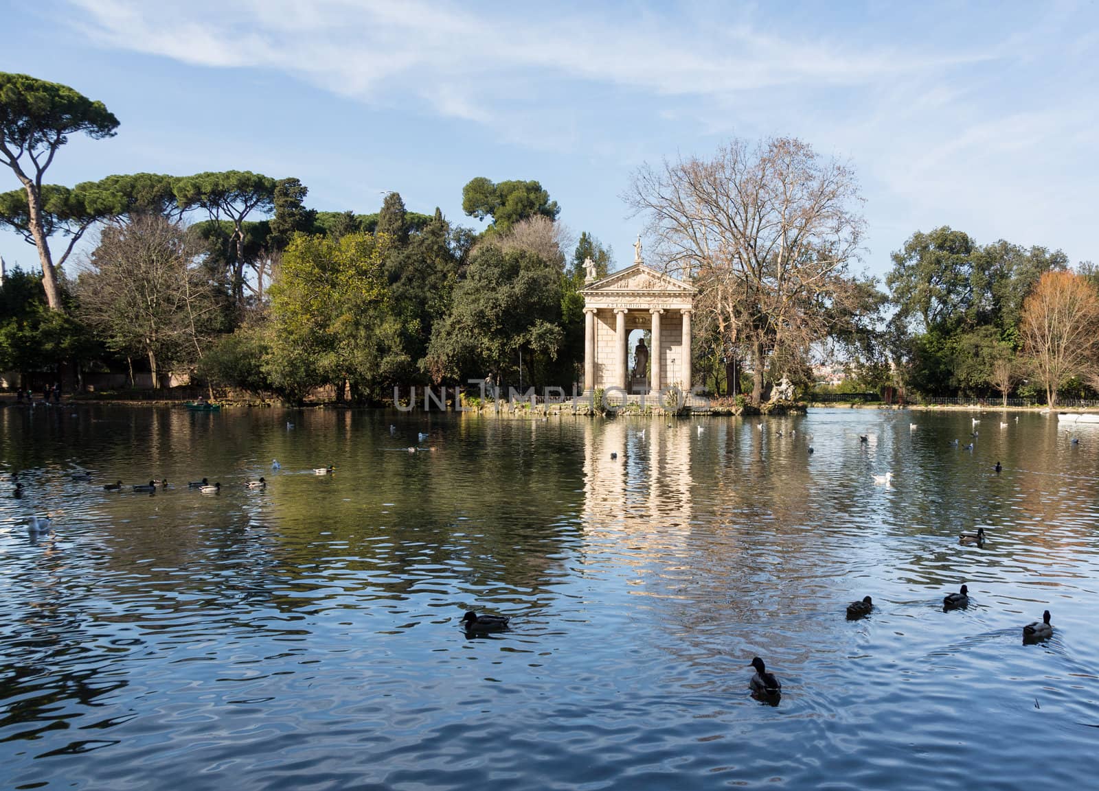 Leisure lake at Giardino del Lago at Villa Borghese in Rome Italy in winter