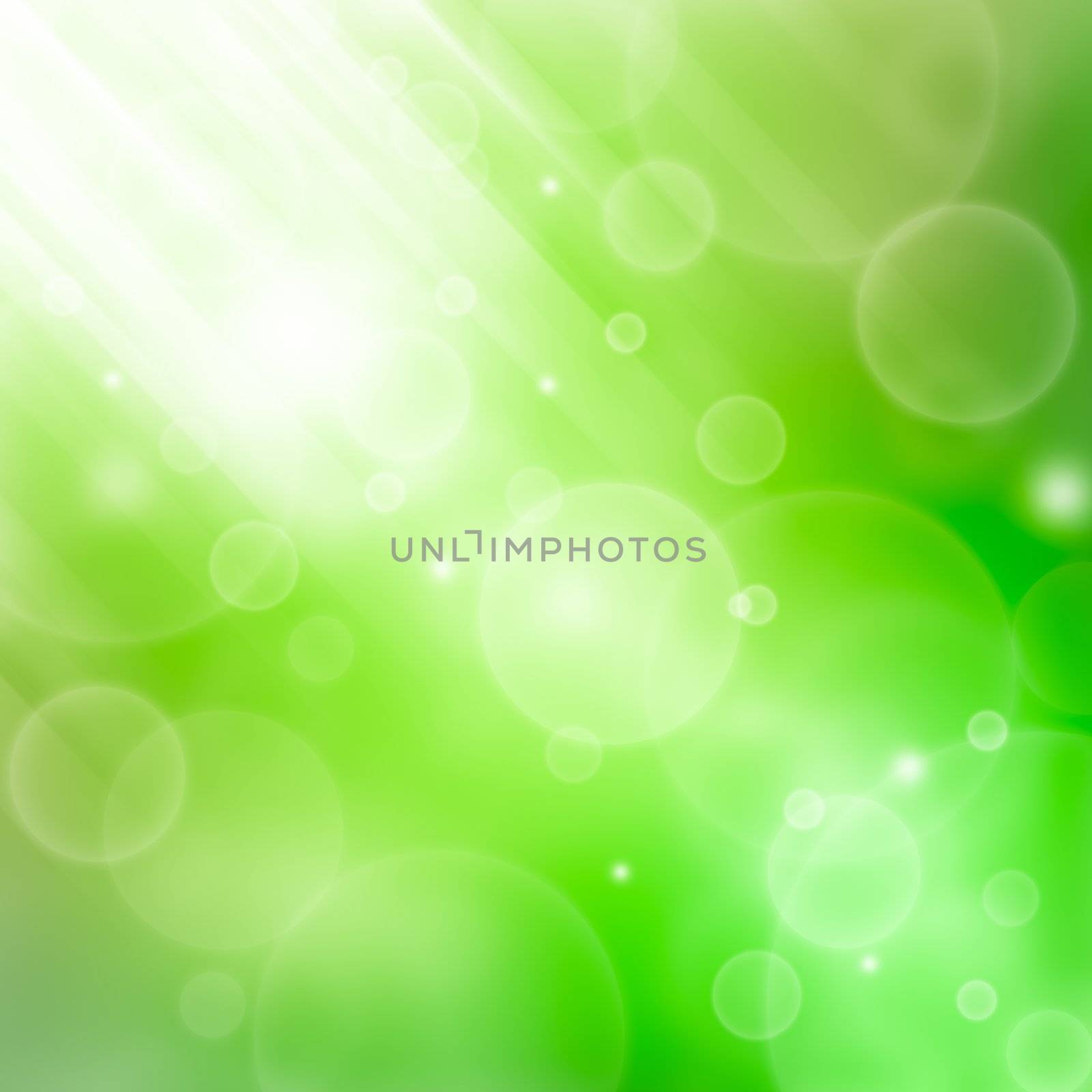 Green abstract spring background with bokeh and sunburst