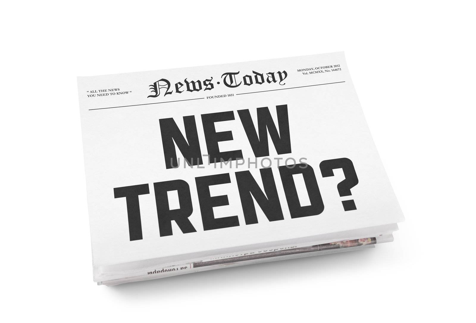 A stack of newspapers with headline "New Trend?" and blank space for information. Isolated on white.
