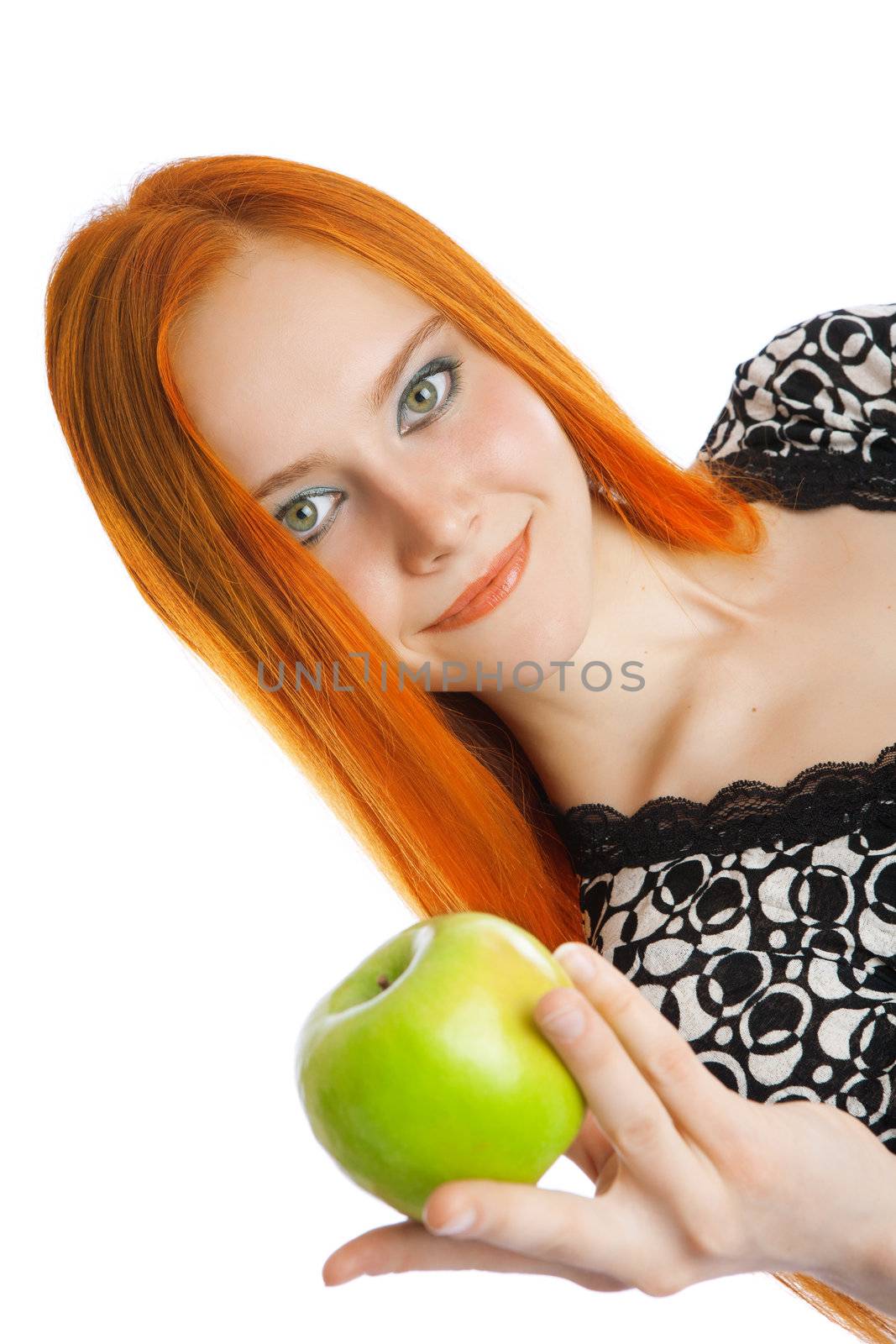 young girl with green apple