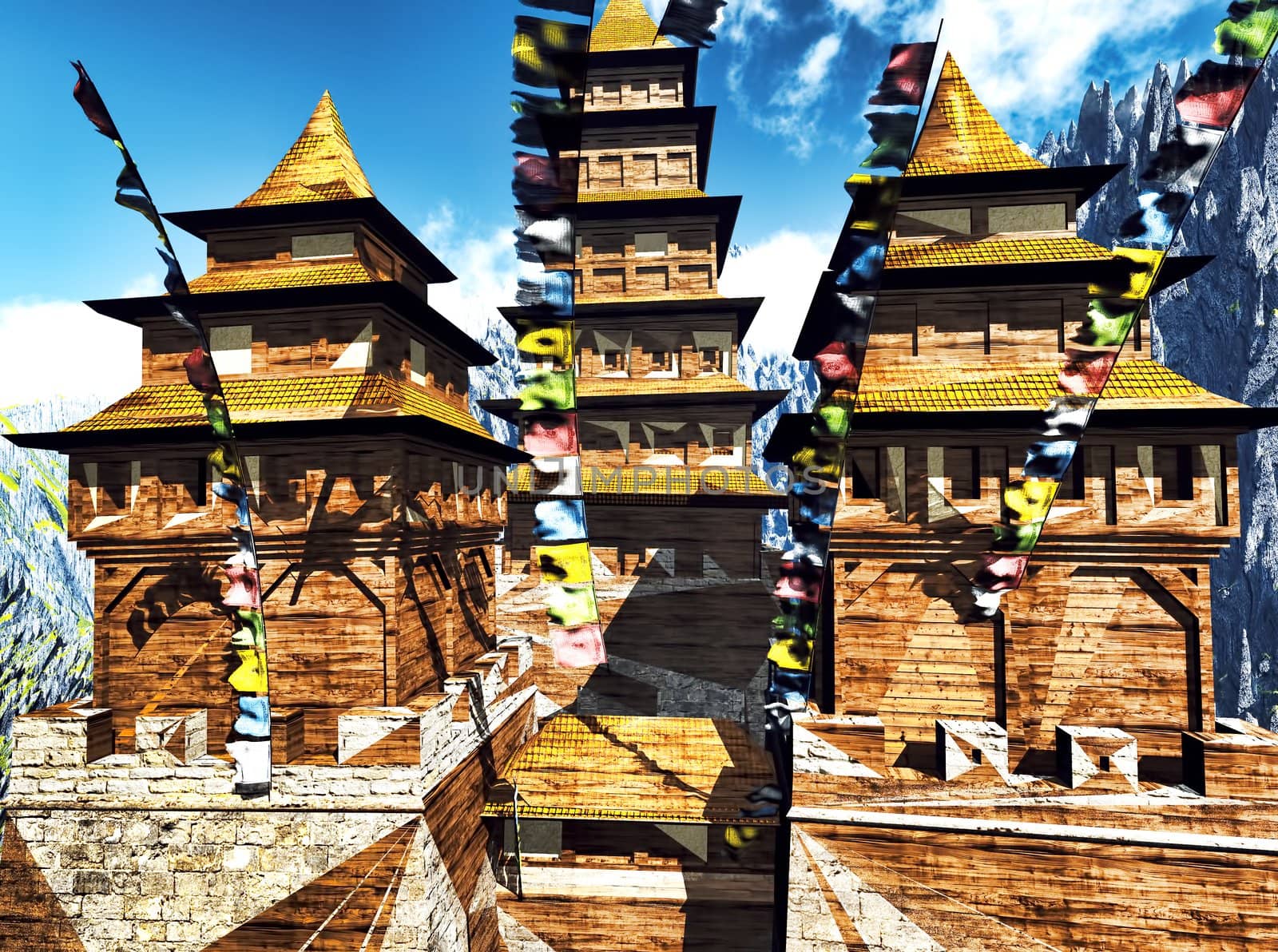 Buddhist temple in mountains with traditional praying flags