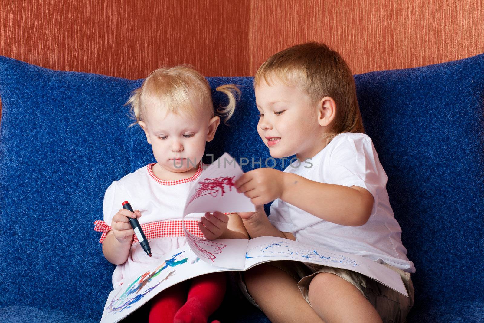 two children looking painting by vsurkov