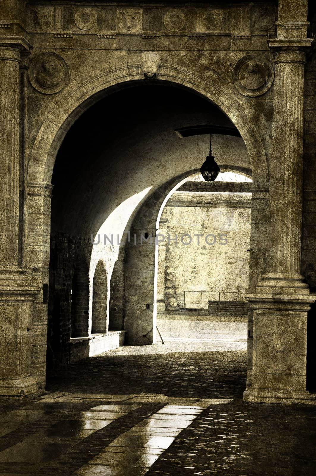 Medieval archway of a castle in Vadstena Sweden.