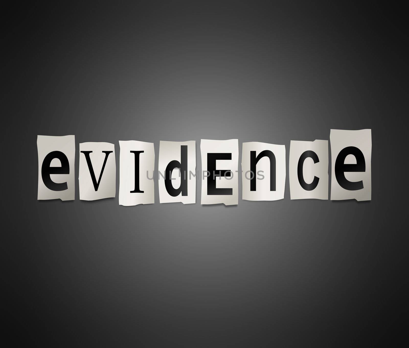 Illustration depicting cutout printed letters arranged to form the word evidence.