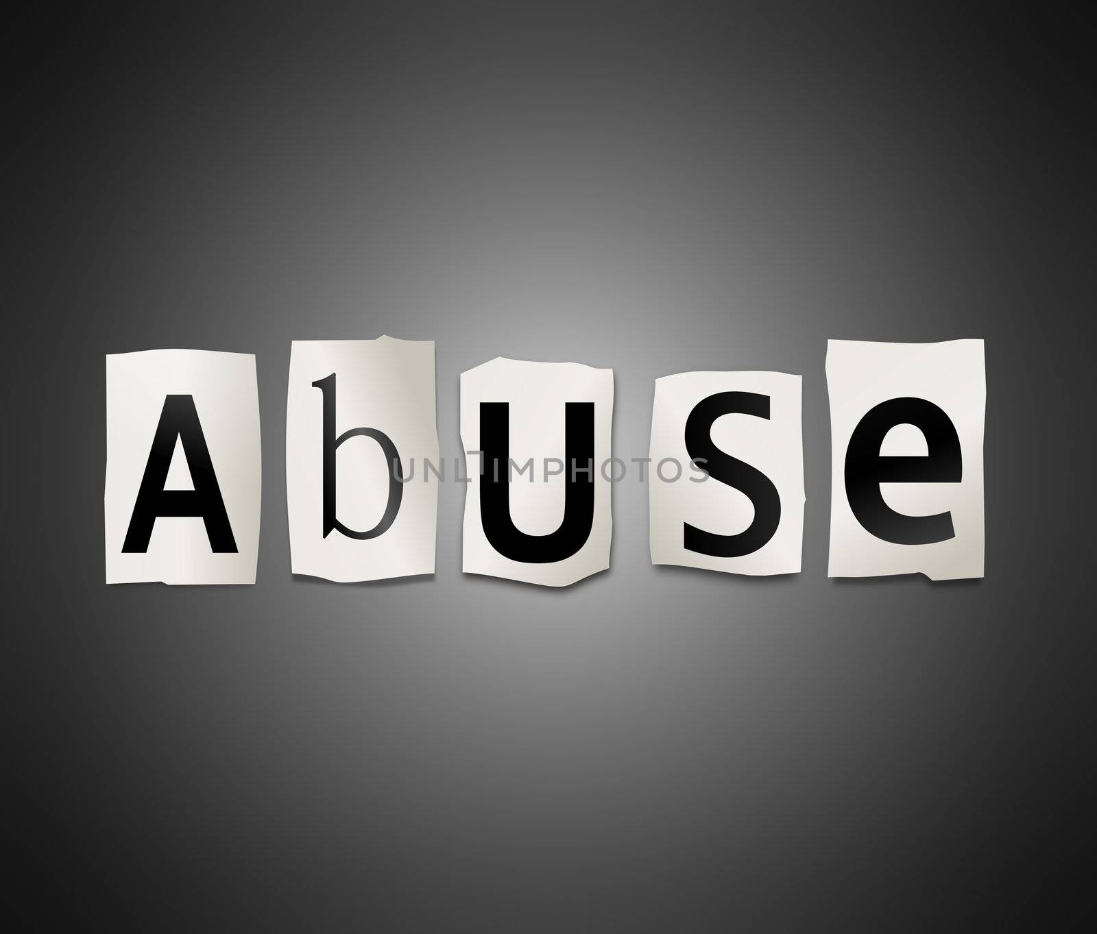 Illustration depicting cutout printed letters arranged to form the word abuse.