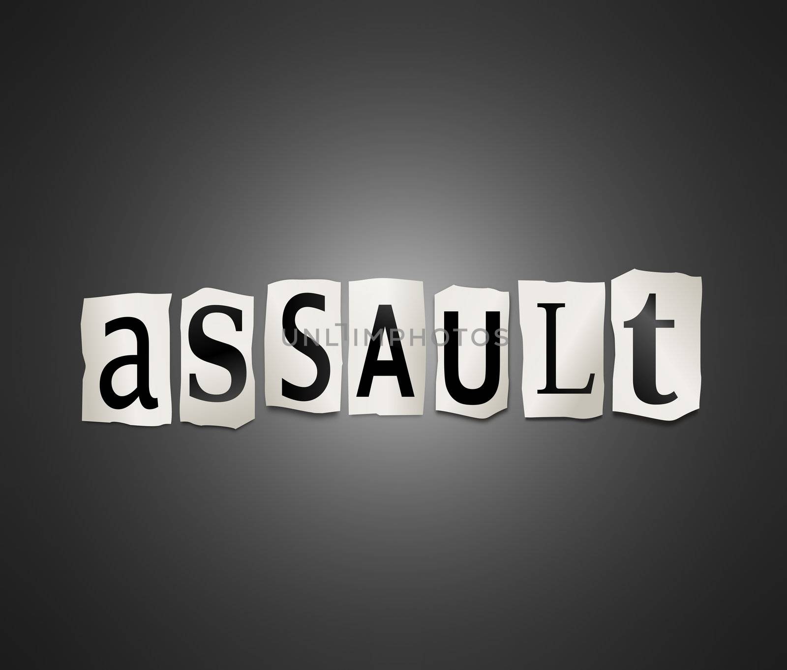 Illustration depicting cutout printed letters arranged to form the word assault.