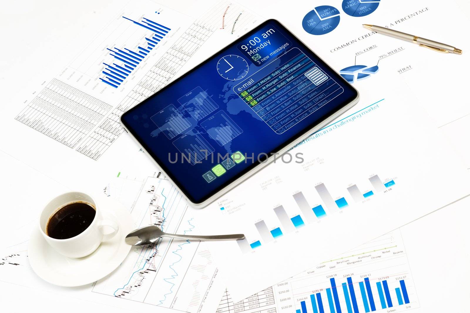 tablet, financial documents and a cup of coffee, still life showing modern technologies in business