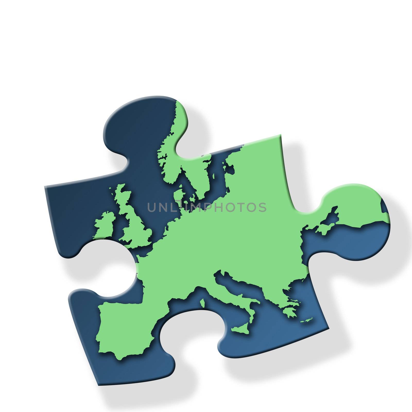 Jigsaw piece with green Europe outline on white background with drop shadow effect.