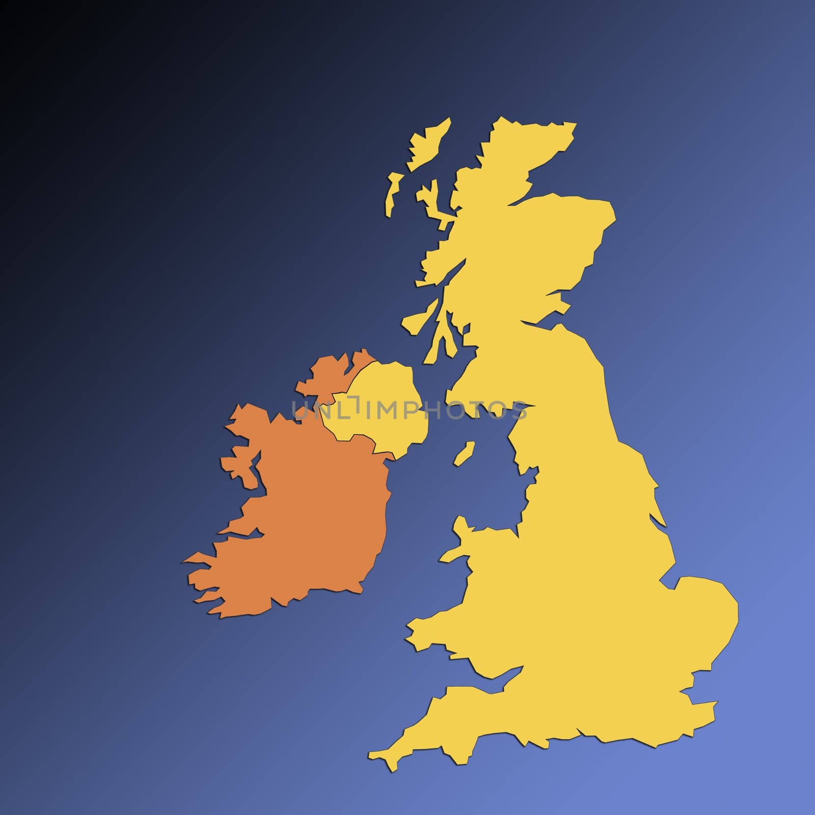 Outline map of British Isles and Eire on blue backgroud