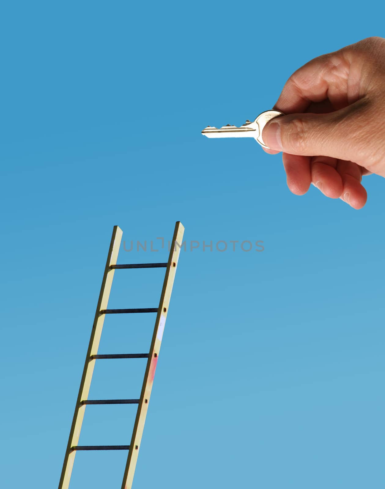 Male hand holding latchkey overlaid onto image of ladder.