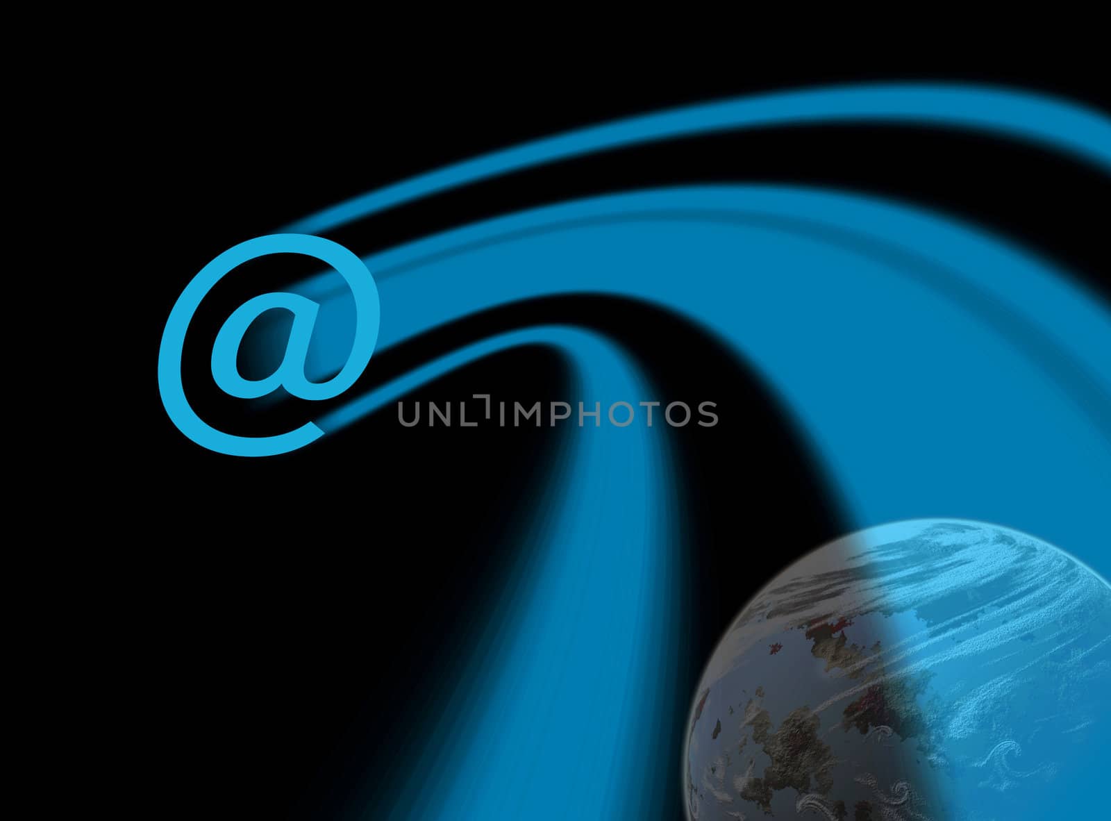 E-mail symbol with trailing blue pattern over simulated planet in background