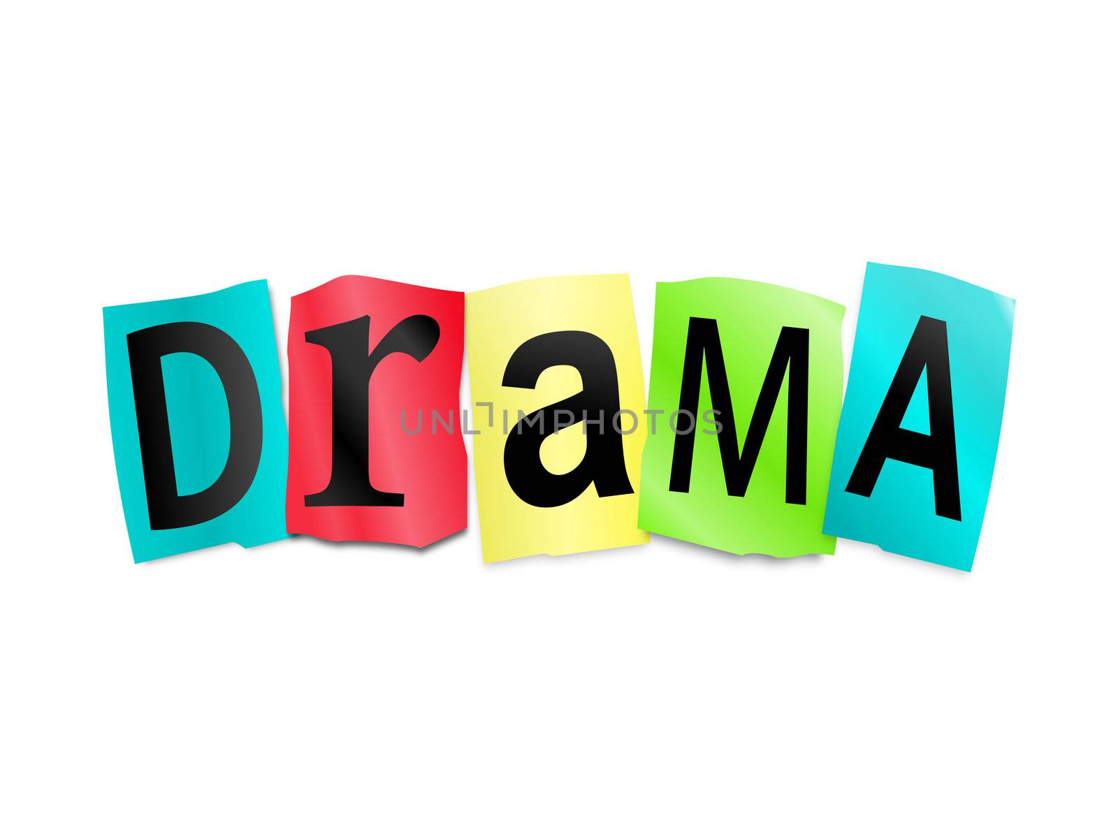 Illustration depicting cutout printed letters arranged to form the word drama.