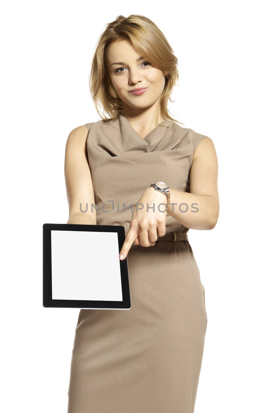 Attractive young woman showing something on digital tablet.