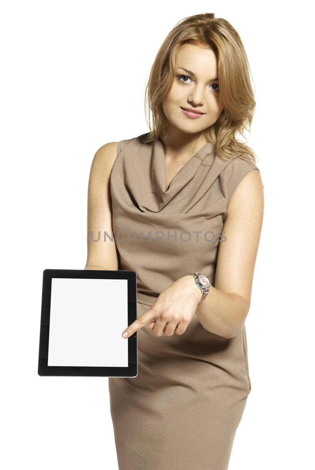 Attractive young woman showing something on digital tablet.