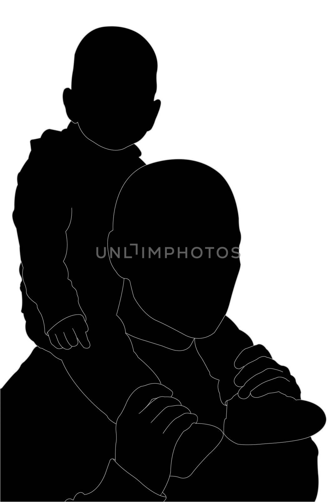 baby sitting on the shoulders of men (silhouette)