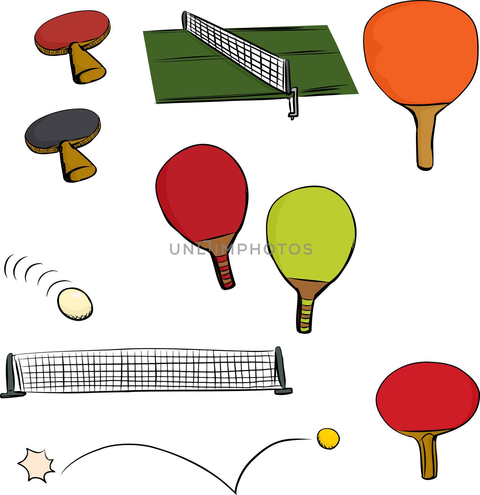 Various table tennis game objects on isolated white background