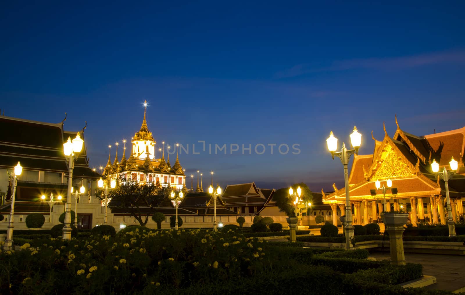 Lohaprasat in Wat Ratchanatdaram Worawihan, beautiful temple view to skyline in Bangkok, Thailand , background 