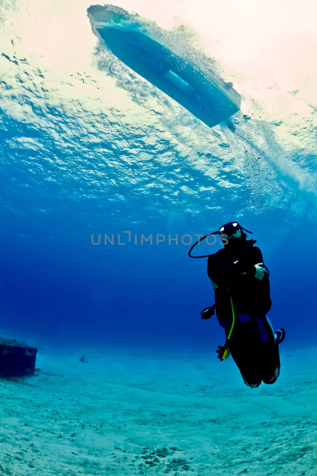 A young female scuba diver looks up as a speeding boat zooms over head on a dive in Mexico.