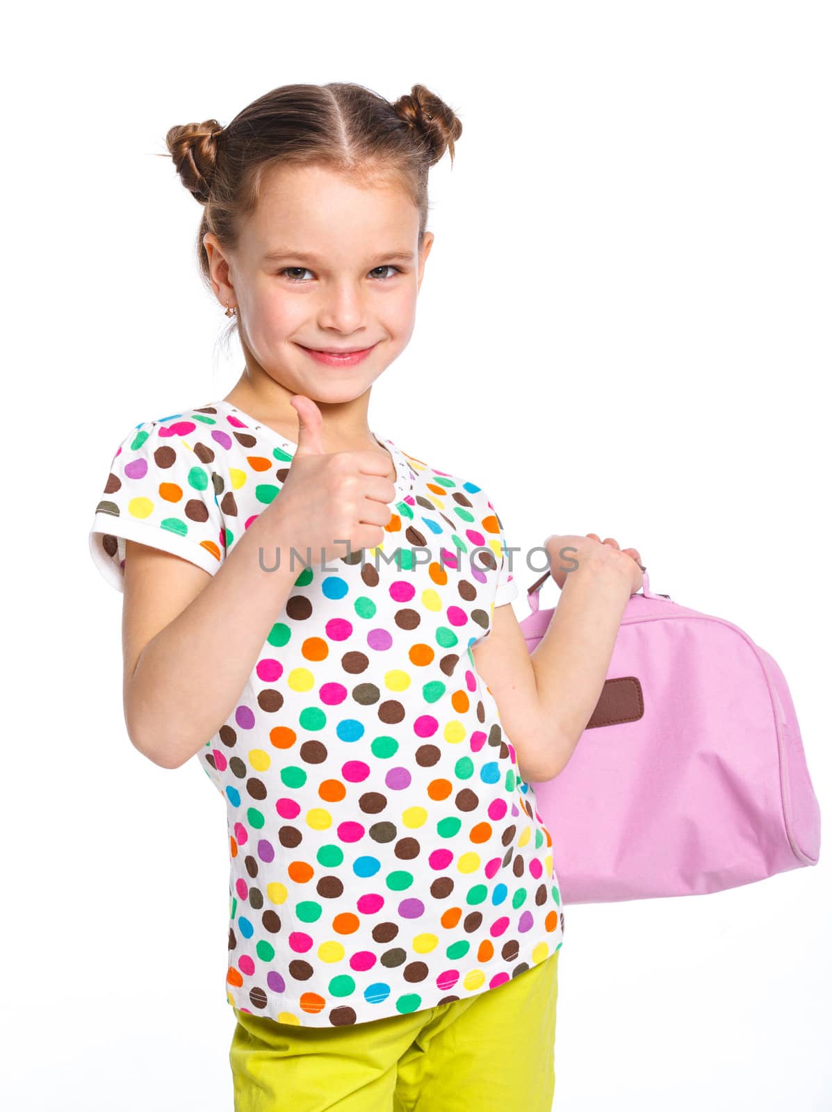 Little fashion girl with bag. Isolated white backround.