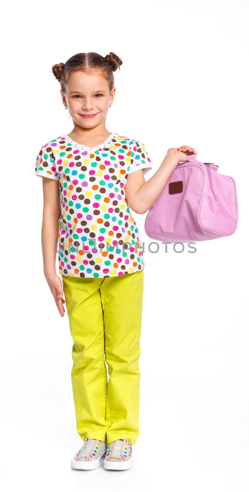 Little fashion girl with bag. Isolated white backround.
