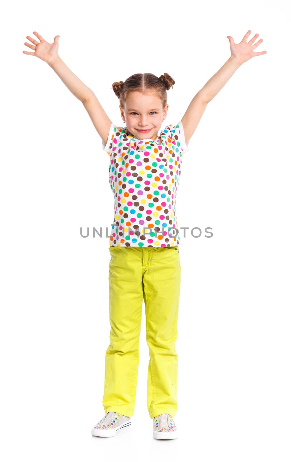 Little happy fashion girl. Isolated white backround.
