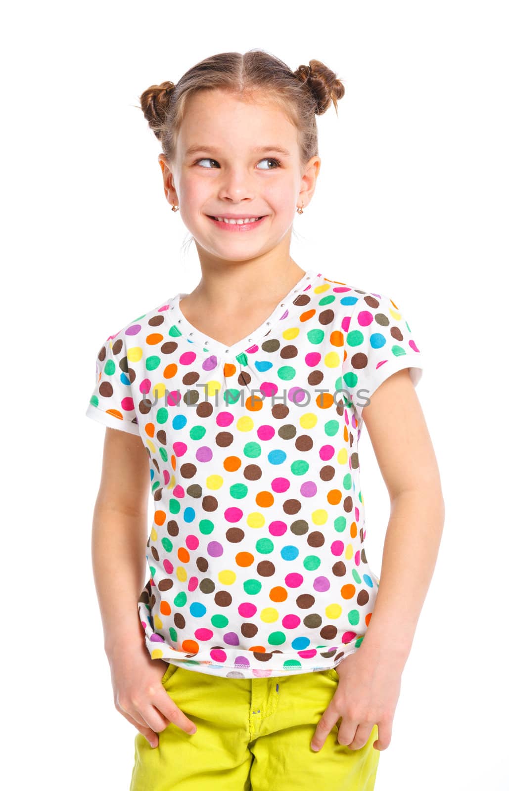 Portrait of little fashion girl. Isolated white backround.