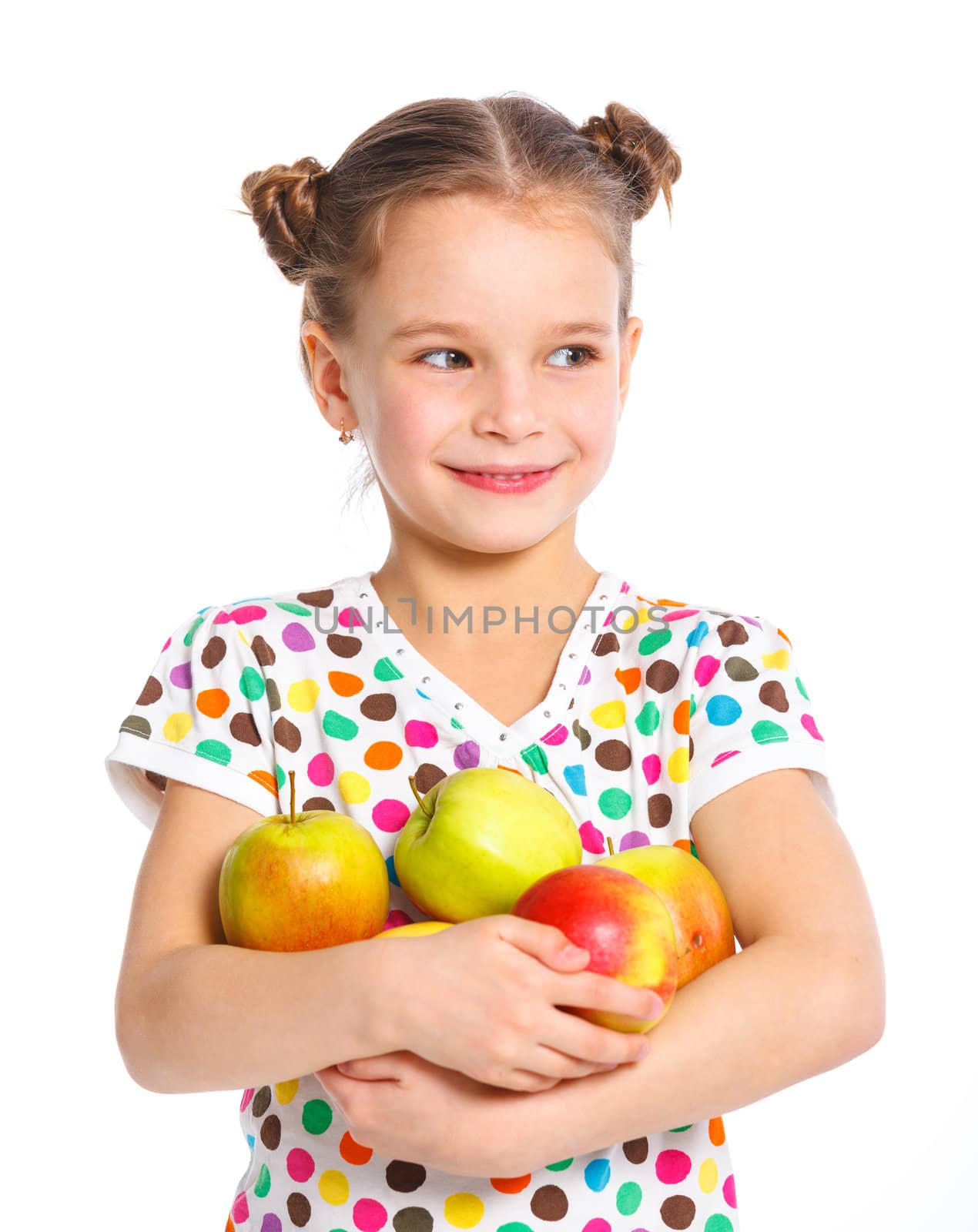 Cute beauty girl holding big apples. Isolated white background