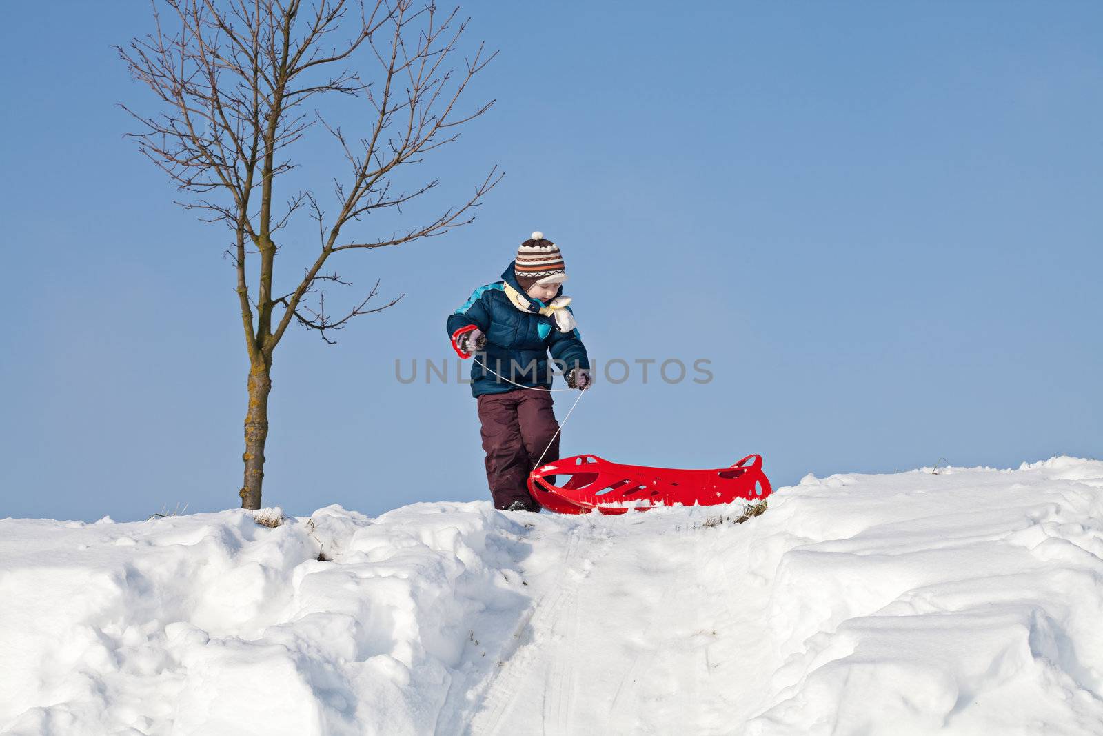 Boy pulling red plastic sledge to a snowy hill by MikLav