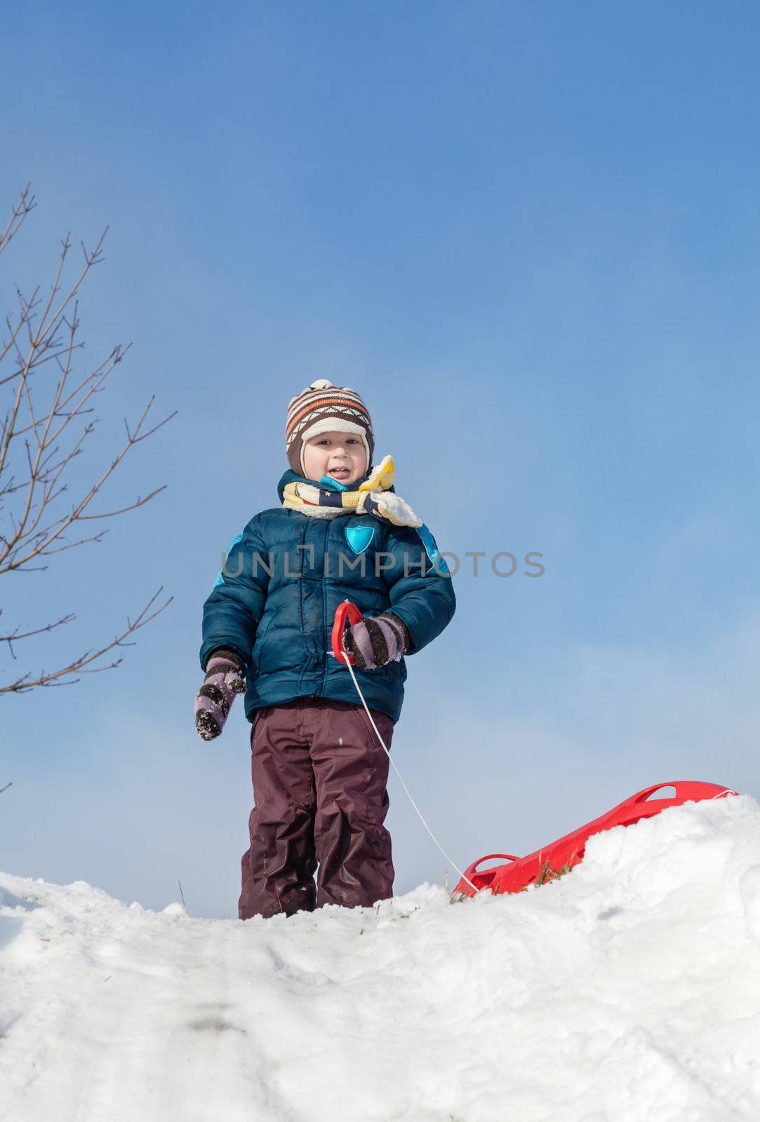 Boy standing with red plastic sleigh on a snowy hill in sunny winter day