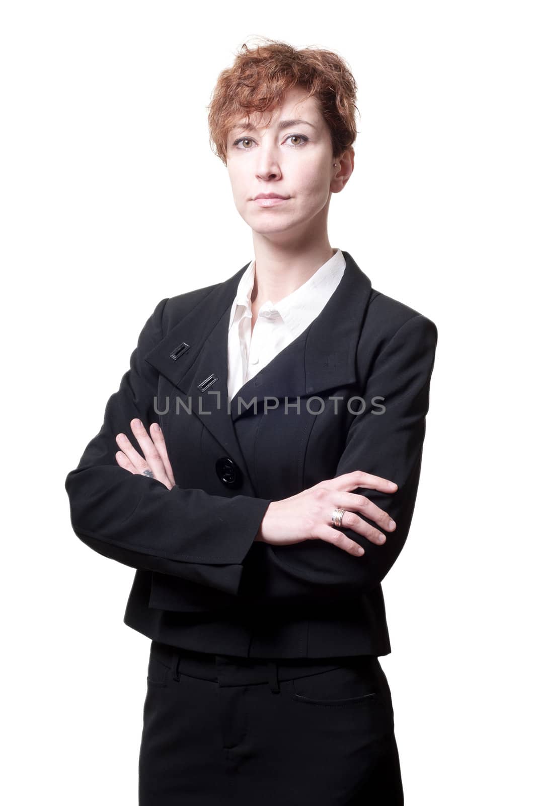 success arms folded short hair business woman on white background
