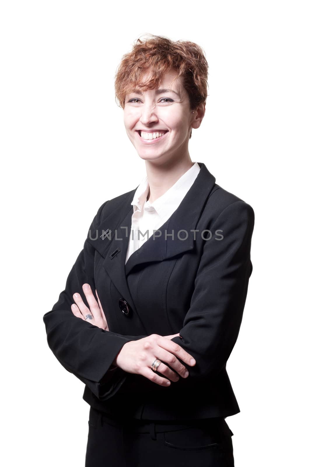 success arms folded short hair business woman on white background
