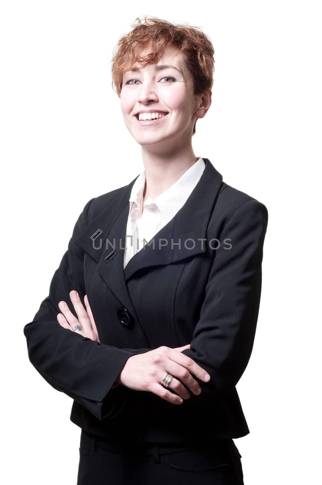 success arms folded short hair business woman on white background