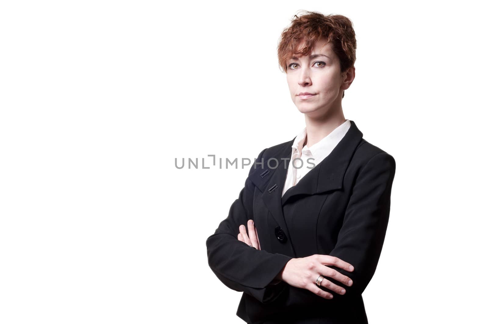 success arms folded short hair business woman on white background