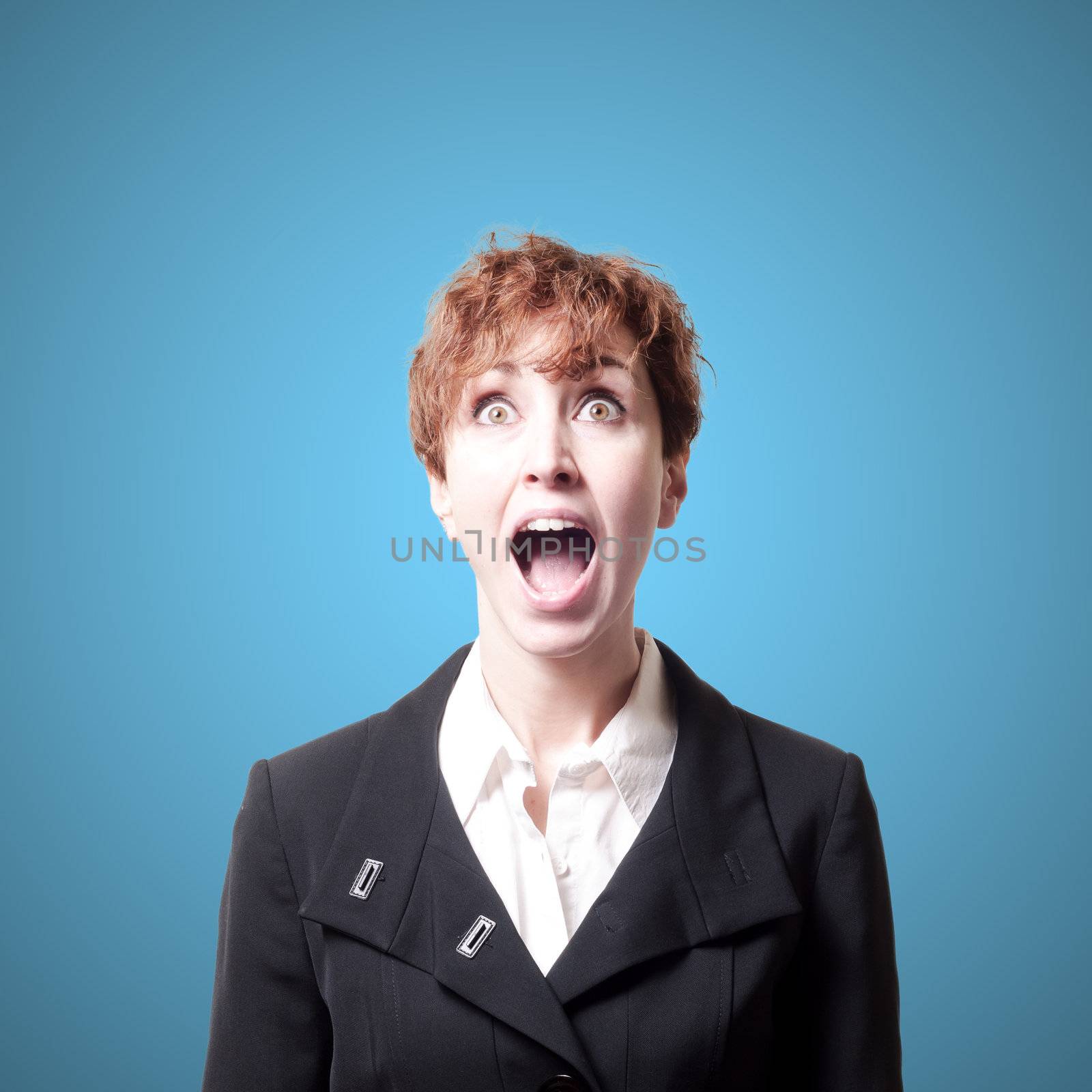screaming success short hair business woman on blue background