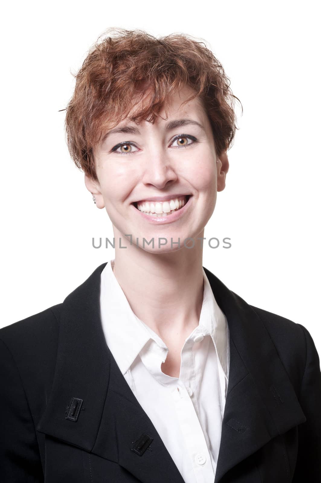 smiling success short hair business woman on white background