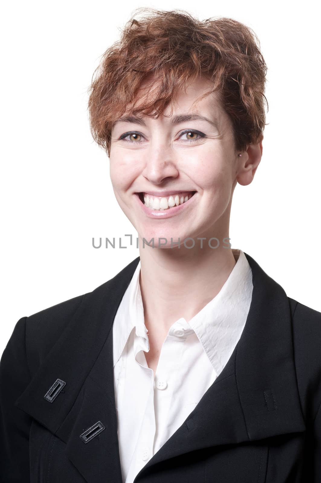 smiling success short hair business woman on white background