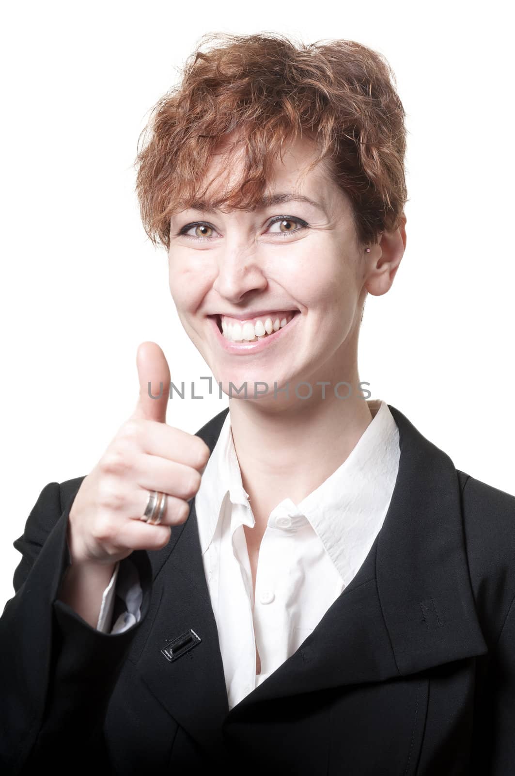 smiling success short hair business woman doing ok on white background