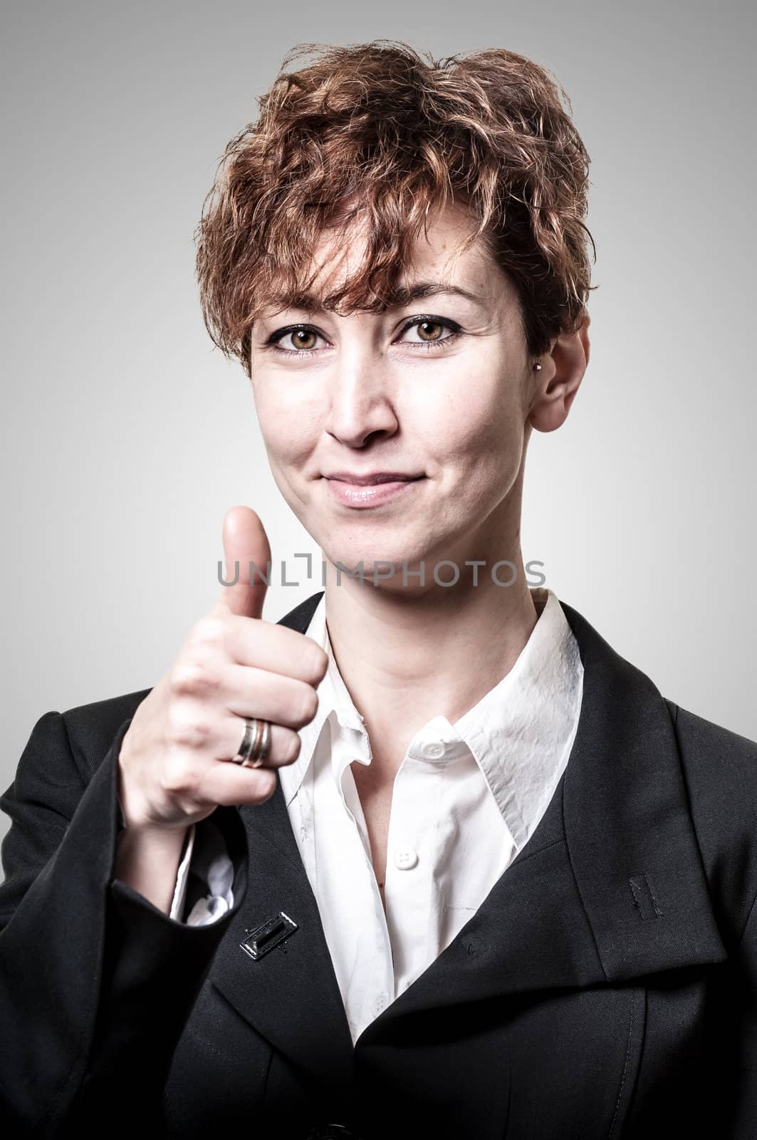 smiling success short hair business woman doing ok on white background