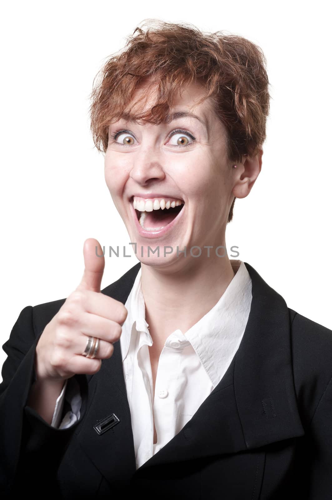 smiling success short hair business woman doing ok on white background